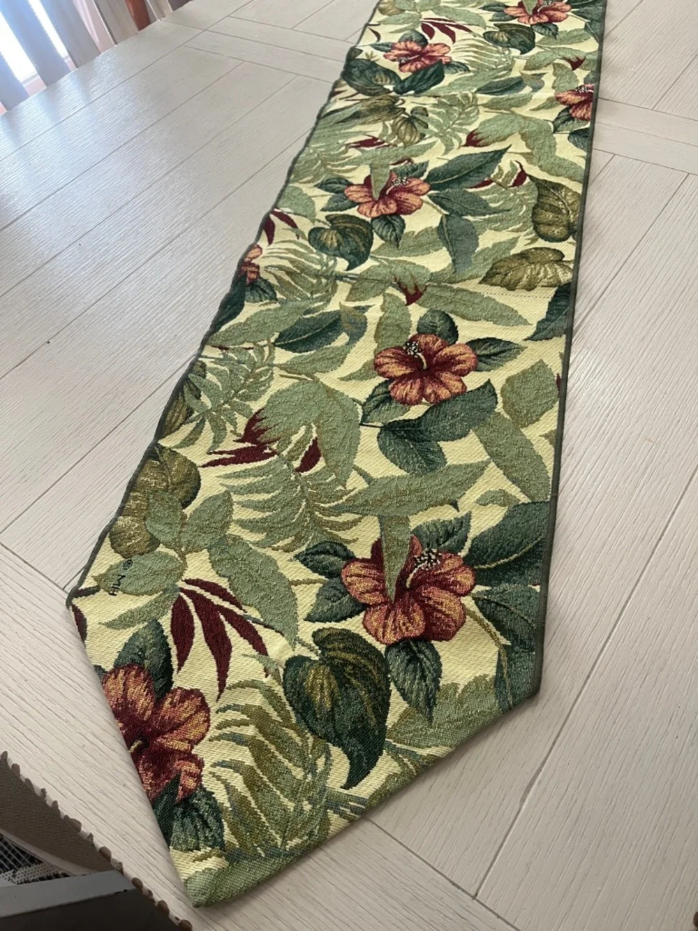 Vintage Tapestry Table Runner Greens & Reds Floral Tropical Print 69”